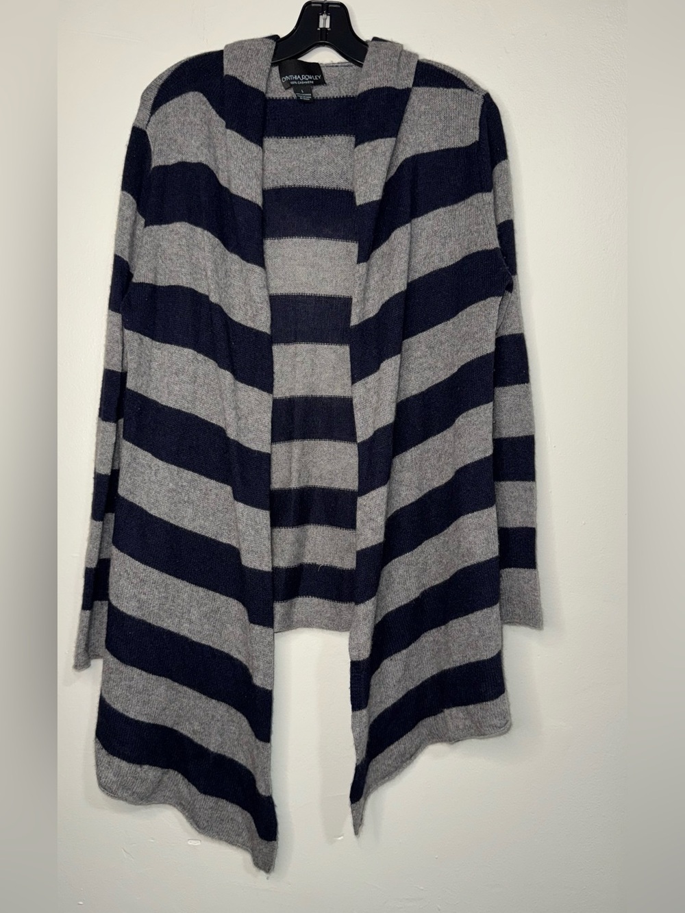 Cynthia Rowley Cashmere Navy and Gray Striped Open-Front Hooded Cardigan